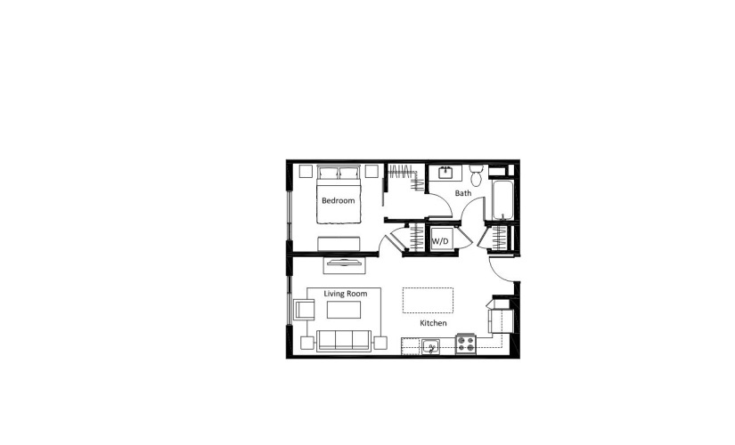 A1 - 1 bedroom floorplan layout with 1 bathroom and 672 - 686 square feet