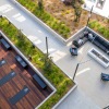 aerial shot of outdoor patio with seating and yoga mats