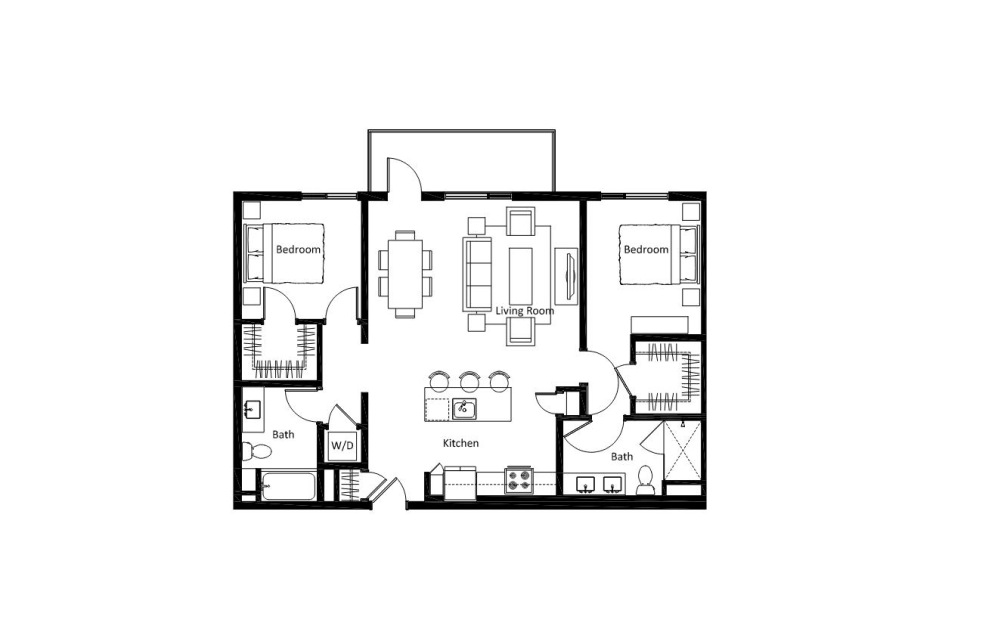 B1 - 2 bedroom floorplan layout with 2 bathrooms and 1139 square feet