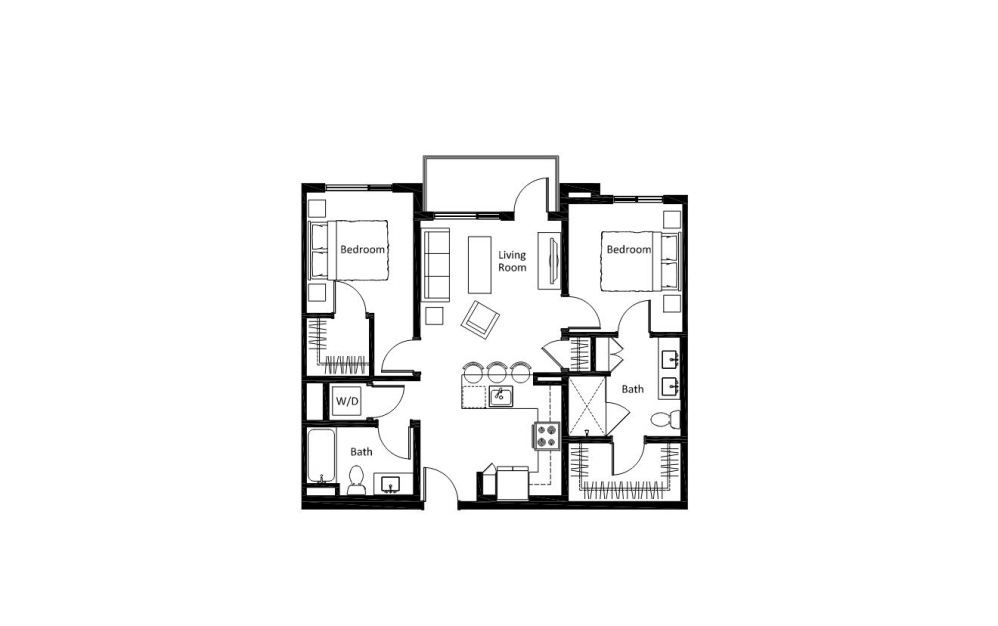 B2 - 2 bedroom floorplan layout with 2 bathrooms and 927 - 954 square feet