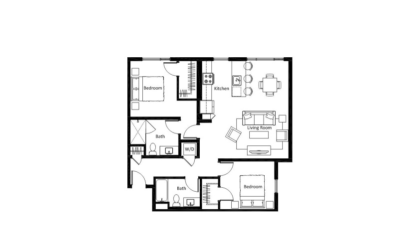 B3 - 2 bedroom floorplan layout with 2 bathrooms and 1112 square feet