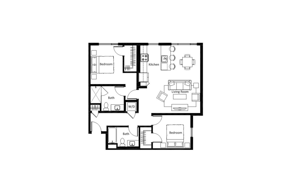 B3 - 2 bedroom floorplan layout with 2 bathrooms and 1112 square feet