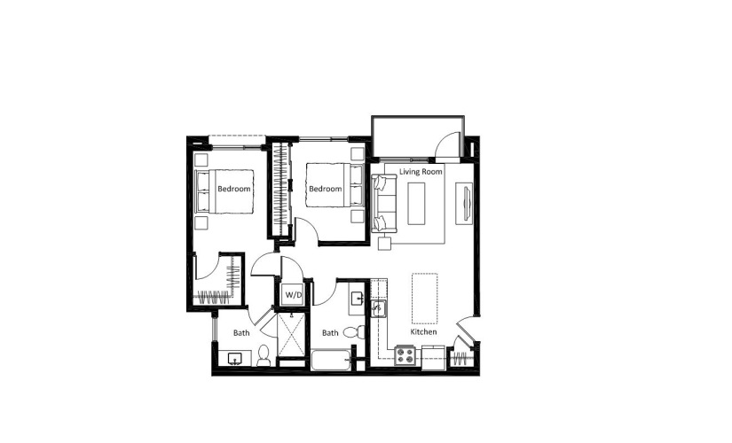 B4 - 2 bedroom floorplan layout with 2 bathrooms and 930 square feet