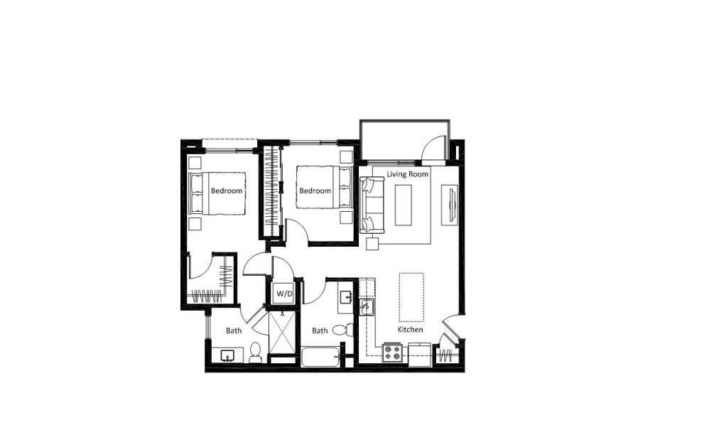B4 - 2 bedroom floorplan layout with 2 bathrooms and 930 square feet