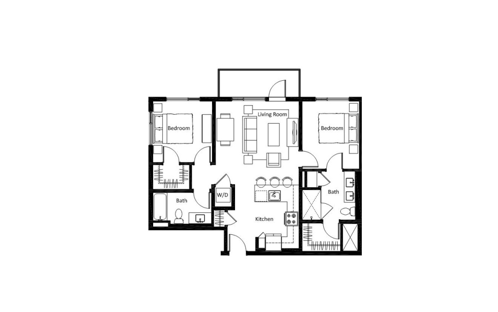 B5 - 2 bedroom floorplan layout with 2 bathrooms and 972 square feet