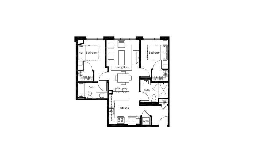 B6 - 2 bedroom floorplan layout with 2 bathrooms and 991 square feet
