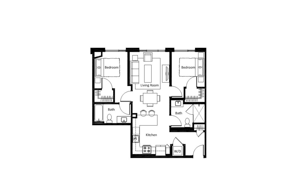 B6 - 2 bedroom floorplan layout with 2 bathrooms and 991 square feet