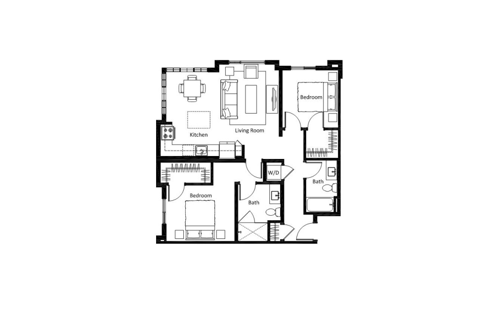 B7 - 2 bedroom floorplan layout with 2 bathrooms and 1013 square feet