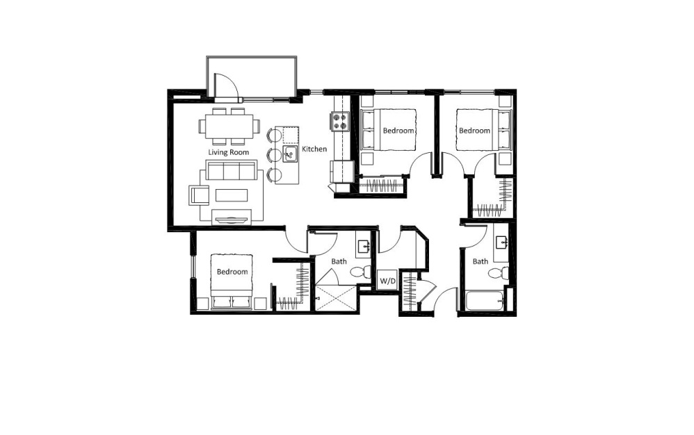 C1.1 - 3 bedroom floorplan layout with 2 bathrooms and 1206 square feet