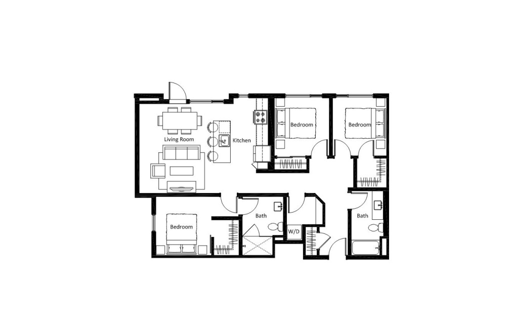 C1.2 - 3 bedroom floorplan layout with 2 bathrooms and 1174 square feet