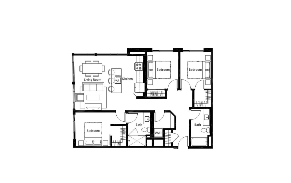 C1 - 3 bedroom floorplan layout with 2 bathrooms and 1242 square feet